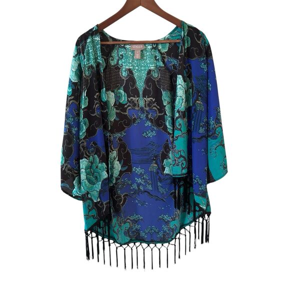 Chicos Open Wrap Top Asian Inspired Art to Wear SZ 1 Boho Blue Colorful Glam 90s - Picture 1 of 13
